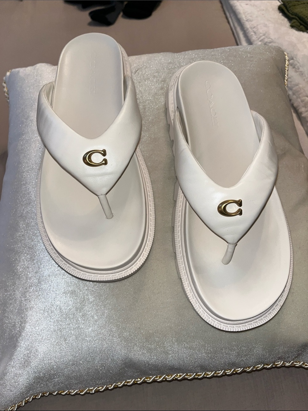 Coach White Leather Platform Thong Sandals with Gold 'C' Accent